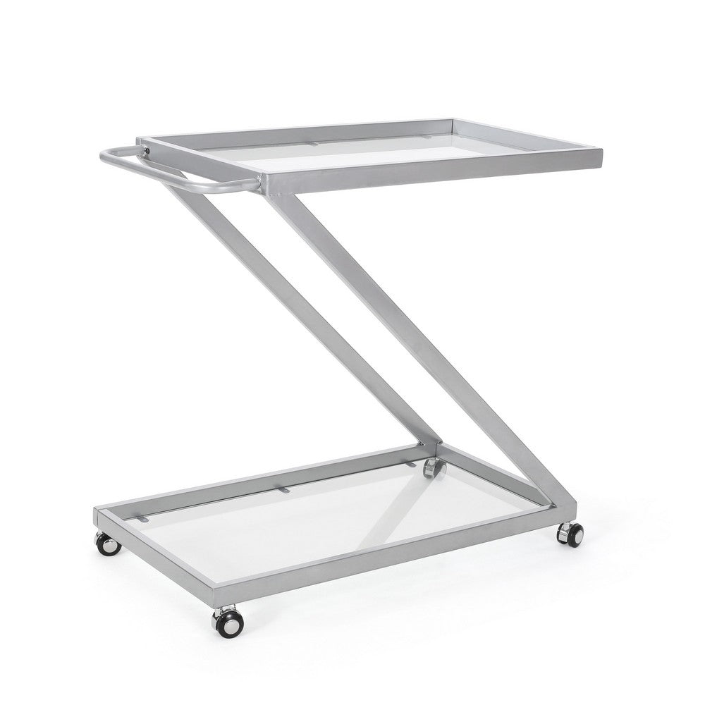 Bar Cart Server, Z Frame, Tempered Glass Shelves, Silver Iron, 37 Inch - BM355271