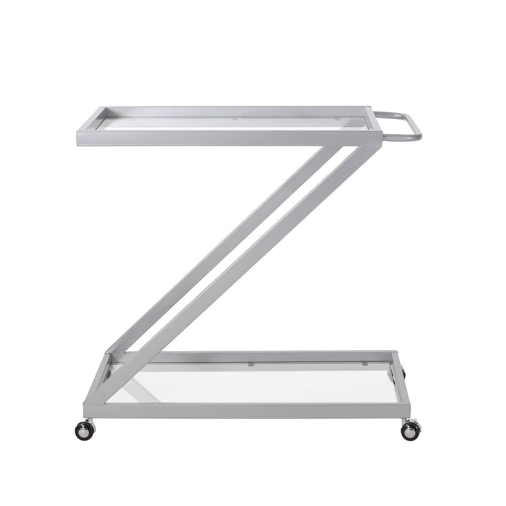 Bar Cart Server, Z Frame, Tempered Glass Shelves, Silver Iron, 37 Inch - BM355271
