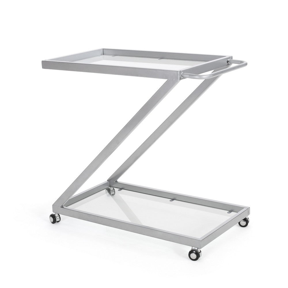 Bar Cart Server, Z Frame, Tempered Glass Shelves, Silver Iron, 37 Inch - BM355271