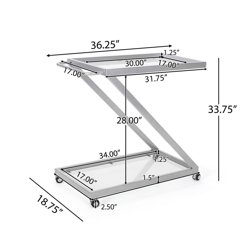 Bar Cart Server, Z Frame, Tempered Glass Shelves, Silver Iron, 37 Inch - BM355271