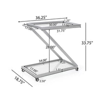 Bar Cart Server, Z Frame, Tempered Glass Shelves, Silver Iron, 37 Inch - BM355271