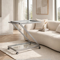 Bar Cart Server, Z Frame, Tempered Glass Shelves, Silver Iron, 37 Inch - BM355271