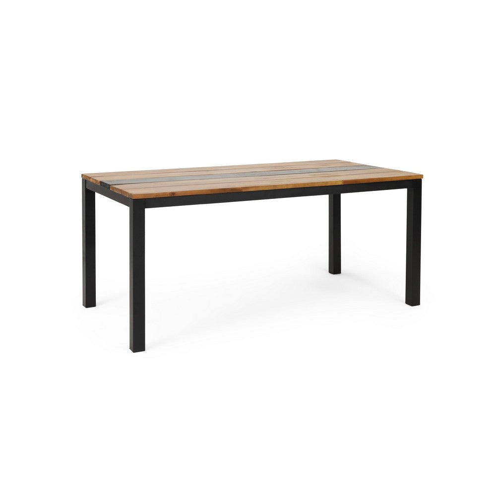 Lea Outdoor Dining Table, Rectangular, Teak Brown, Black Metal 69 Inch-BM355272