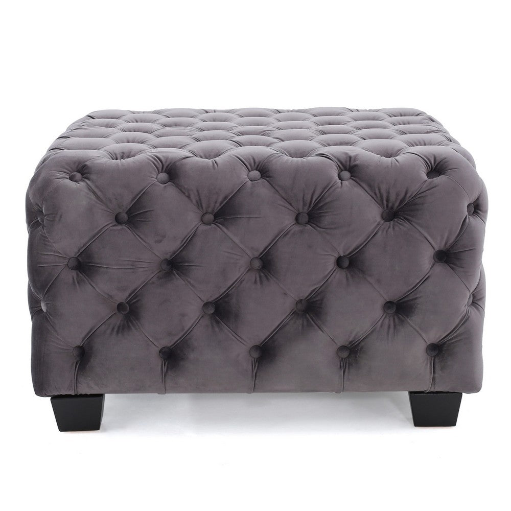 Accent Ottoman, Cubic Shape, Button Tufted Gray Velvet, Black 29 Inch - BM355273