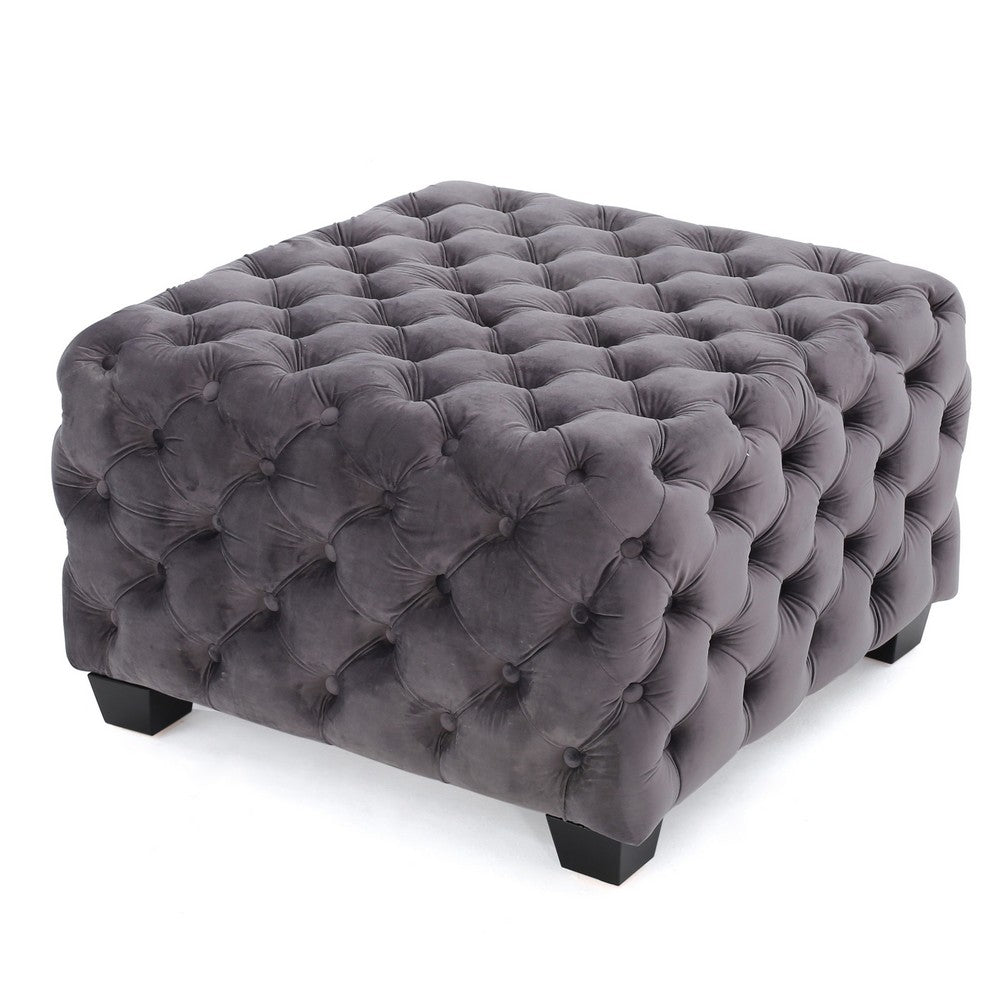 Accent Ottoman, Cubic Shape, Button Tufted Gray Velvet, Black 29 Inch - BM355273