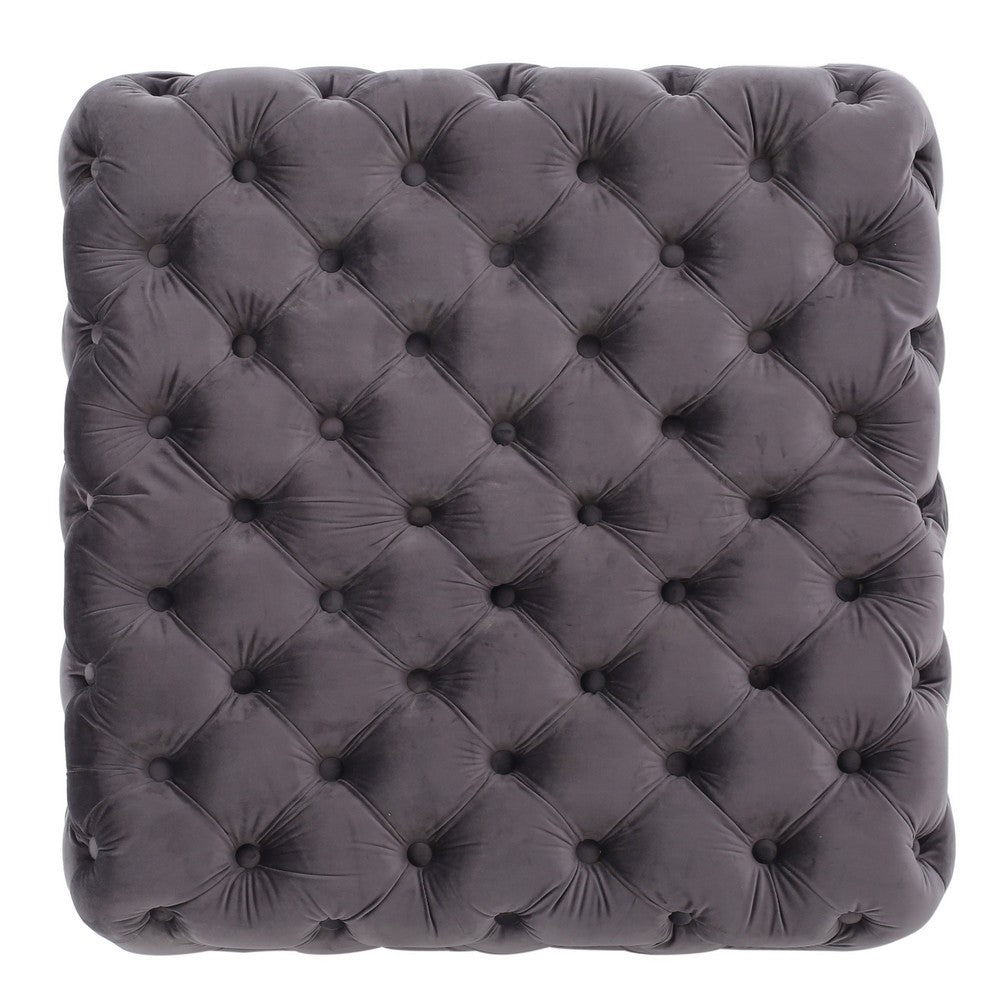 Accent Ottoman, Cubic Shape, Button Tufted Gray Velvet, Black 29 Inch - BM355273