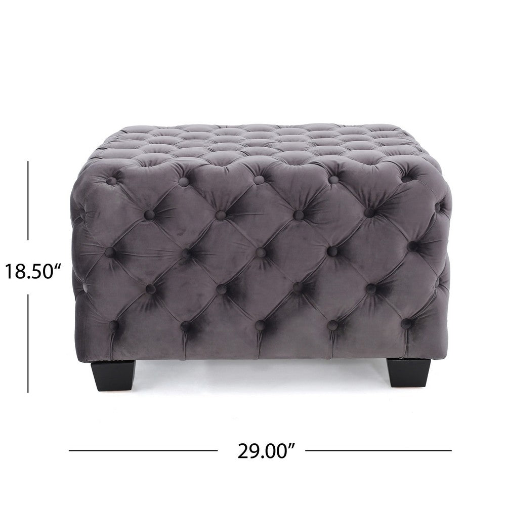 Accent Ottoman, Cubic Shape, Button Tufted Gray Velvet, Black 29 Inch - BM355273