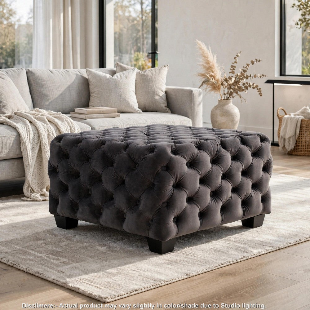Accent Ottoman, Cubic Shape, Button Tufted Gray Velvet, Black 29 Inch - BM355273