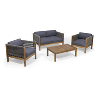 Nisha 4pc Outdoor Chat Set, Rattan Rope Seat, Gray Cushions, Teak Brown - BM355274