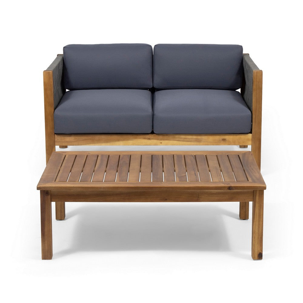 Nisha 4pc Outdoor Chat Set, Rattan Rope Seat, Gray Cushions, Teak Brown - BM355274