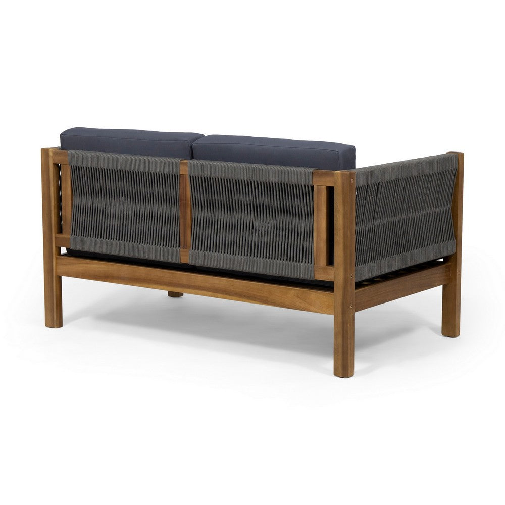Nisha 4pc Outdoor Chat Set, Rattan Rope Seat, Gray Cushions, Teak Brown - BM355274