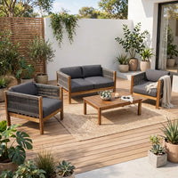 Nisha 4pc Outdoor Chat Set, Rattan Rope Seat, Gray Cushions, Teak Brown - BM355274