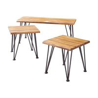 Zoe 3pc Outdoor Table Set, Slatted Top, Teak Brown, Black Hairpin Legs - BM355275