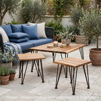 Zoe 3pc Outdoor Table Set, Slatted Top, Teak Brown, Black Hairpin Legs - BM355275