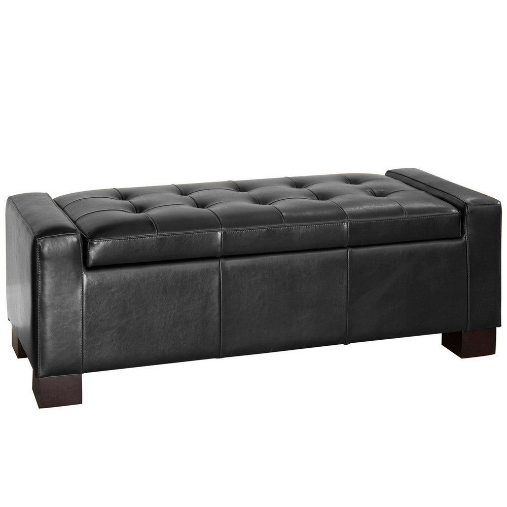 Storage Ottoman Bench, Tufted Black Faux Leather, Brown Wood Legs 50 Inch - BM355276