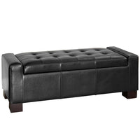 Storage Ottoman Bench, Tufted Black Faux Leather, Brown Wood Legs 50 Inch - BM355276