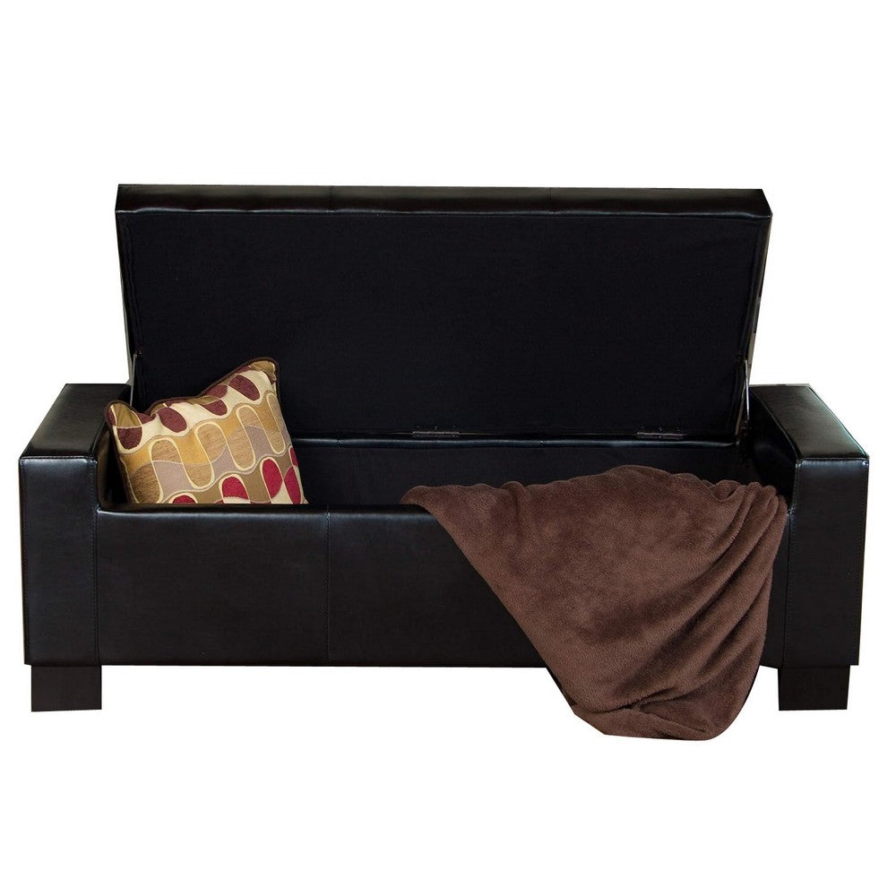 Storage Ottoman Bench, Tufted Black Faux Leather, Brown Wood Legs 50 Inch - BM355276