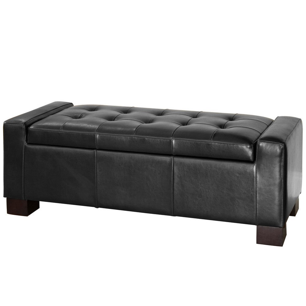 Storage Ottoman Bench, Tufted Black Faux Leather, Brown Wood Legs 50 Inch - BM355276