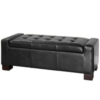 Storage Ottoman Bench, Tufted Black Faux Leather, Brown Wood Legs 50 Inch - BM355276