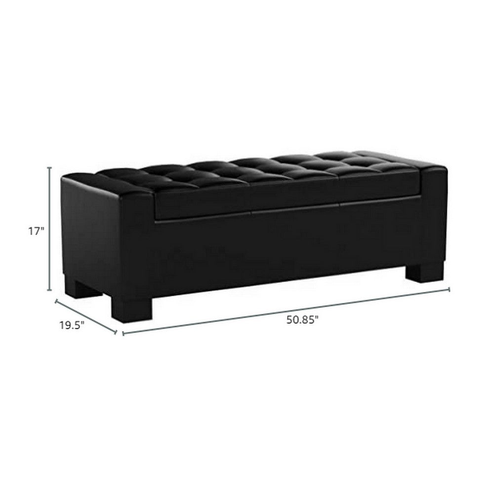 Storage Ottoman Bench, Tufted Black Faux Leather, Brown Wood Legs 50 Inch - BM355276