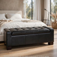 Storage Ottoman Bench, Tufted Black Faux Leather, Brown Wood Legs 50 Inch - BM355276