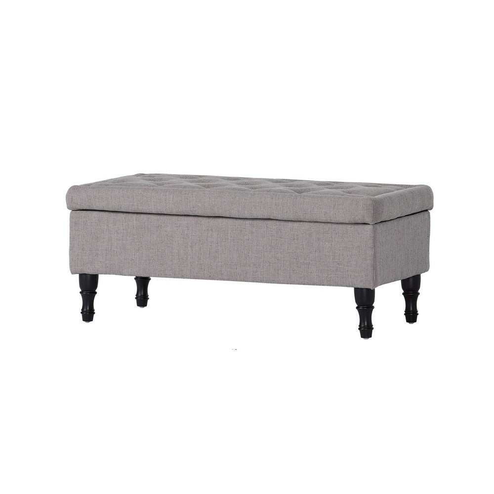 Storage Ottoman Bench, Tufted Gray Seude Fabric, Black Wood Legs 41 Inch-BM355277