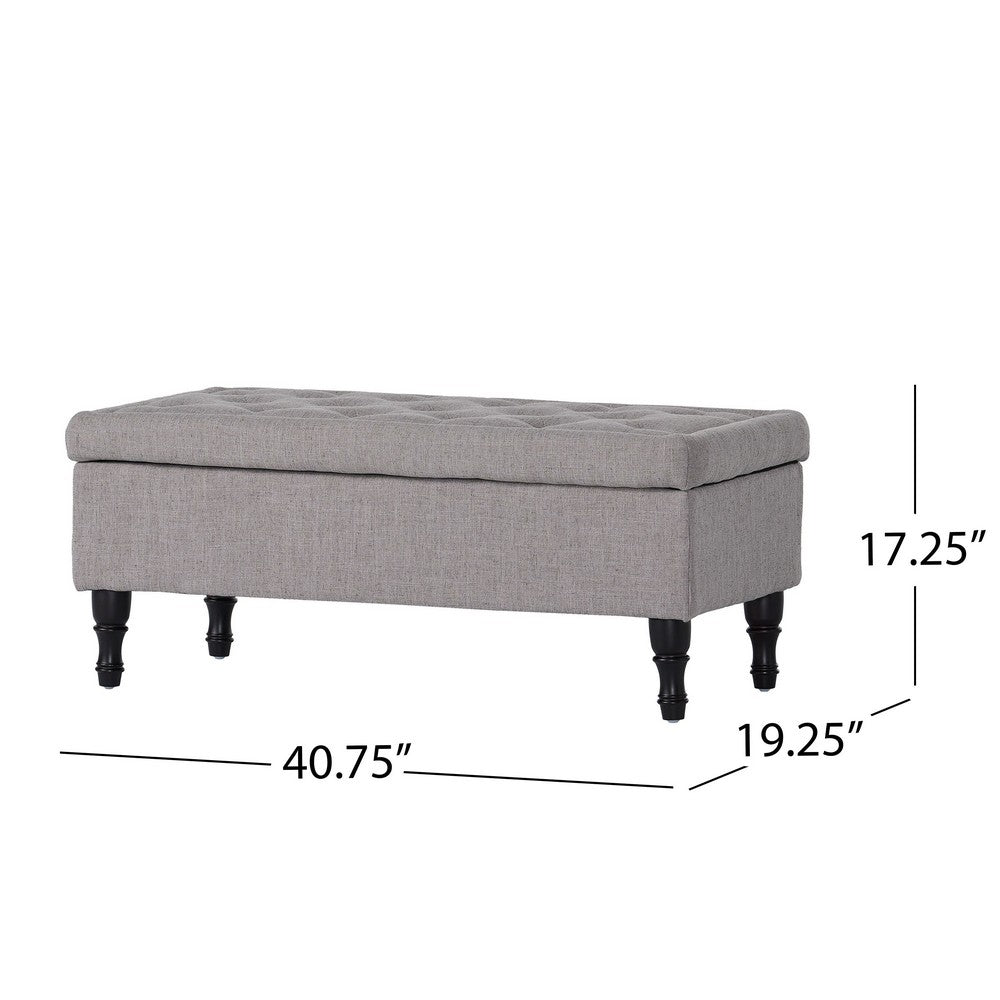 Storage Ottoman Bench, Tufted Gray Seude Fabric, Black Wood Legs 41 Inch-BM355277