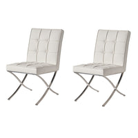 Pavy Dining Side Chair Set of 2, Tufted White Faux Leather, Silver X Legs - BM355286