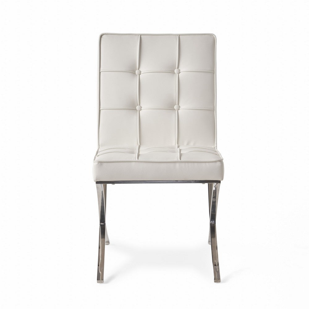 Pavy Dining Side Chair Set of 2, Tufted White Faux Leather, Silver X Legs - BM355286
