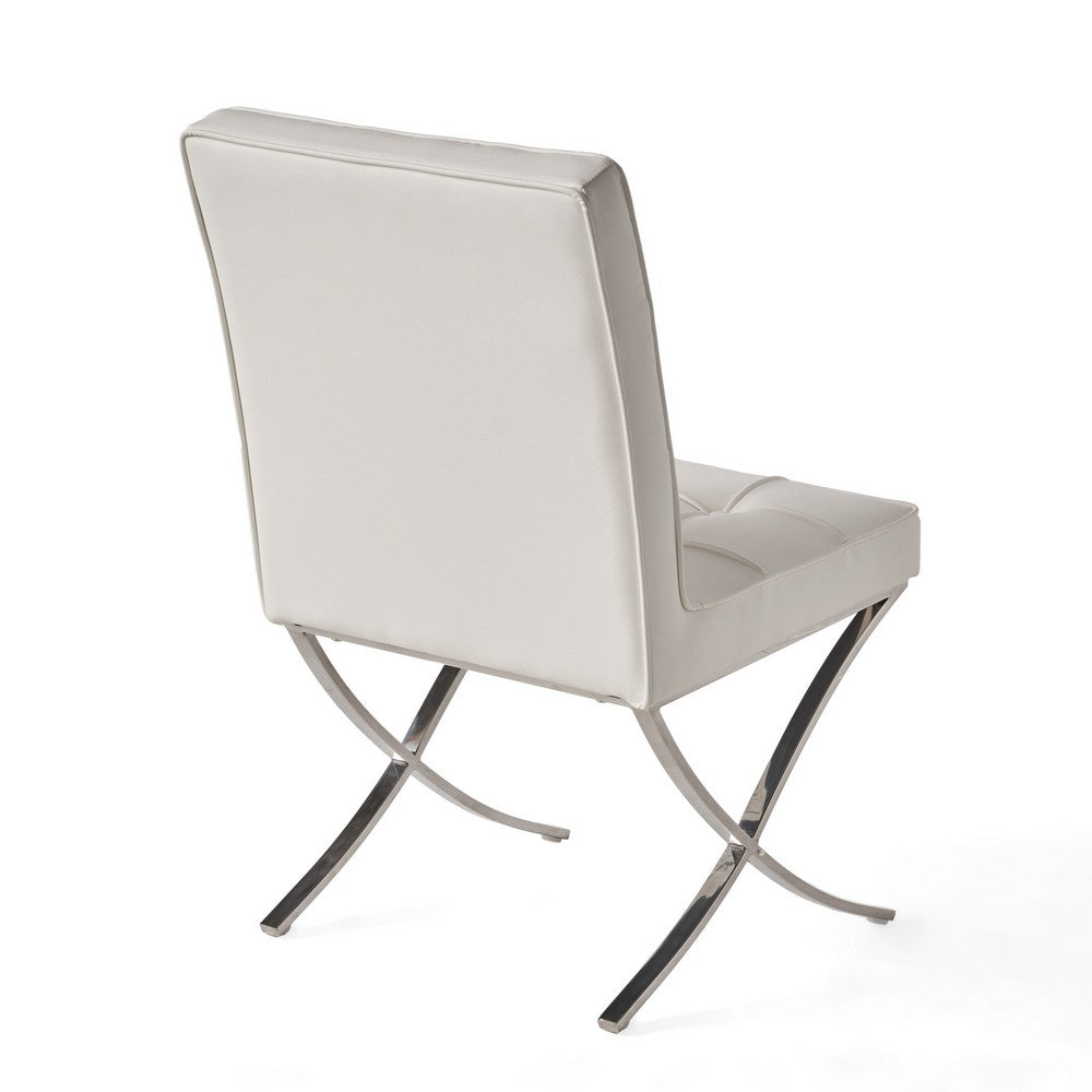 Pavy Dining Side Chair Set of 2, Tufted White Faux Leather, Silver X Legs - BM355286