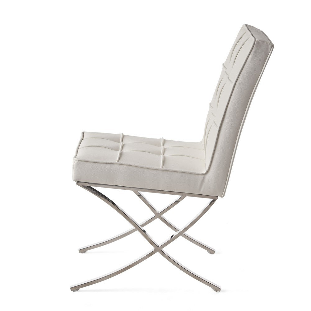 Pavy Dining Side Chair Set of 2, Tufted White Faux Leather, Silver X Legs - BM355286