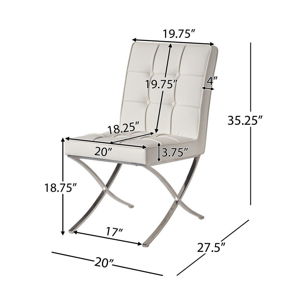 Pavy Dining Side Chair Set of 2, Tufted White Faux Leather, Silver X Legs - BM355286