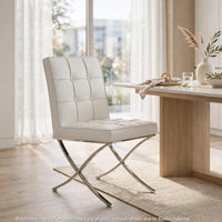 Pavy Dining Side Chair Set of 2, Tufted White Faux Leather, Silver X Legs - BM355286