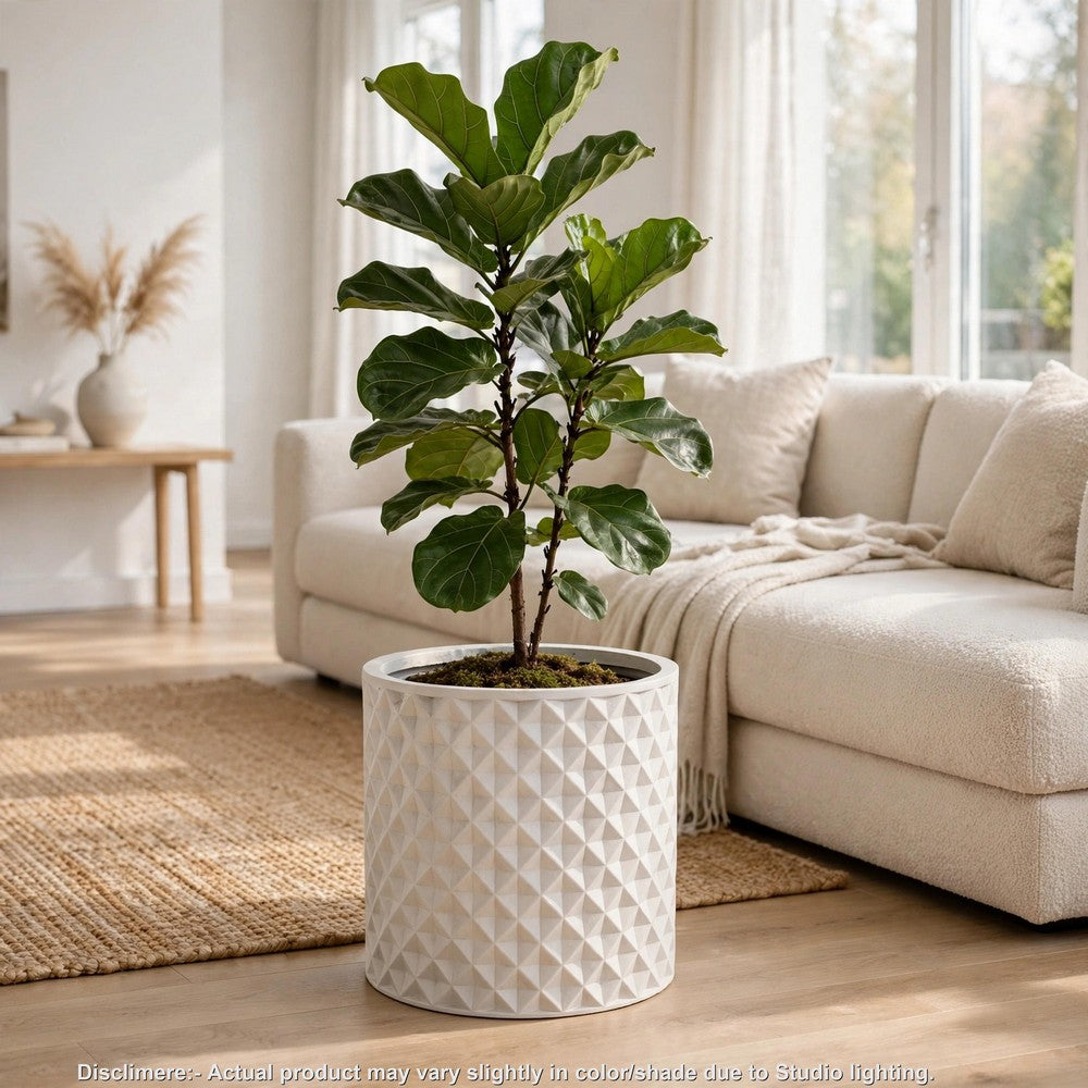 Gana Cylindrical Planter, 3D Diamond Design, Antique White Concrete 16 Inch - BM355287