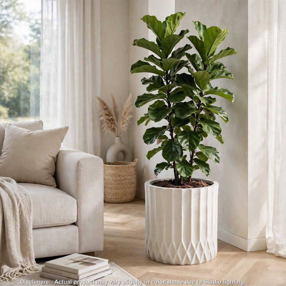 Gana Cylindrical Planter, Ribbed Pattern, Antique White Concrete 17 Inch - BM355289
