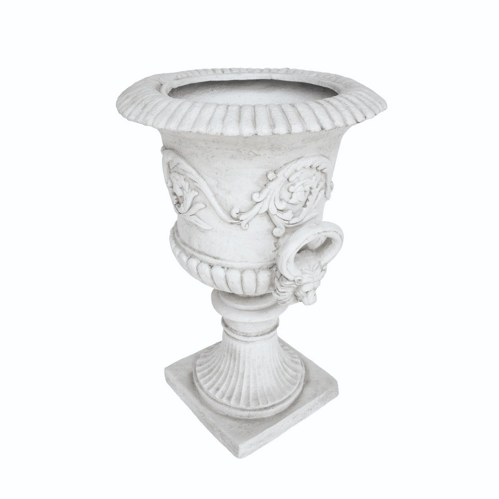 Kiti Urn Planter on Pedestal, Carved Antique White Concrete, 28 Inch - BM355290