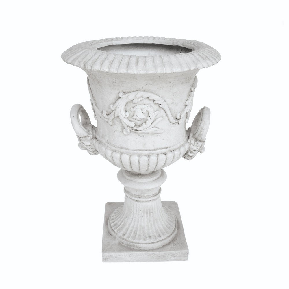 Kiti Urn Planter on Pedestal, Carved Antique White Concrete, 28 Inch - BM355290