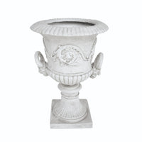 Kiti Urn Planter on Pedestal, Carved Antique White Concrete, 28 Inch - BM355290