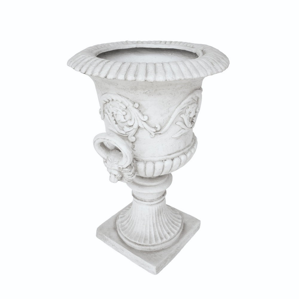 Kiti Urn Planter on Pedestal, Carved Antique White Concrete, 28 Inch - BM355290