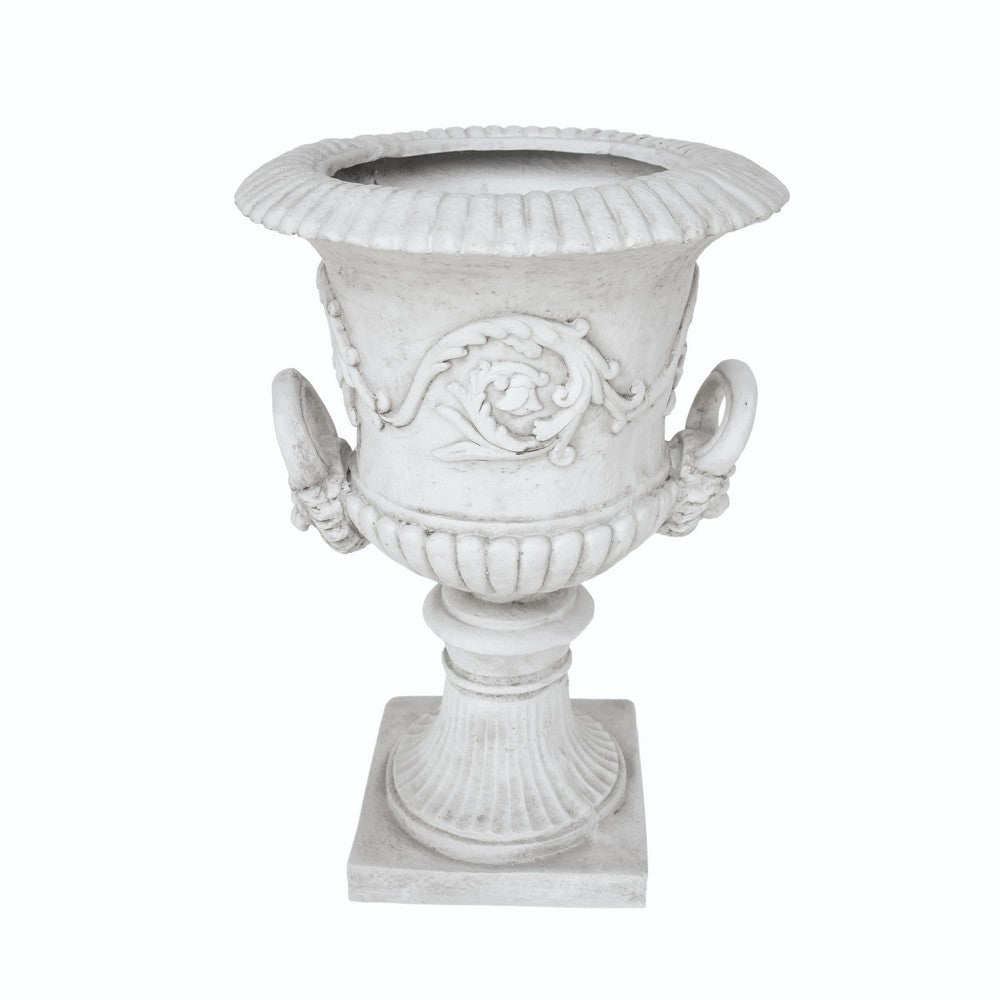 Kiti Urn Planter on Pedestal, Carved Antique White Concrete, 28 Inch - BM355290