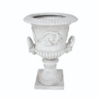 Kiti Urn Planter on Pedestal, Carved Antique White Concrete, 28 Inch - BM355290