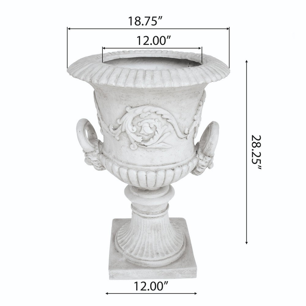 Kiti Urn Planter on Pedestal, Carved Antique White Concrete, 28 Inch - BM355290