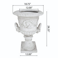 Kiti Urn Planter on Pedestal, Carved Antique White Concrete, 28 Inch - BM355290