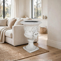 Kiti Urn Planter on Pedestal, Carved Antique White Concrete, 28 Inch - BM355290