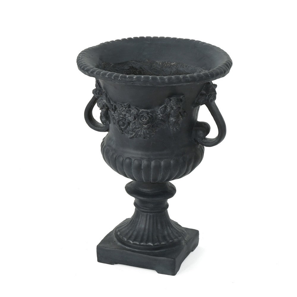 Urn Planter on Pedestal, Cherubs, Carved Antique Black Concrete 24 Inch - BM355291