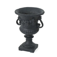 Urn Planter on Pedestal, Cherubs, Carved Antique Black Concrete 24 Inch - BM355291