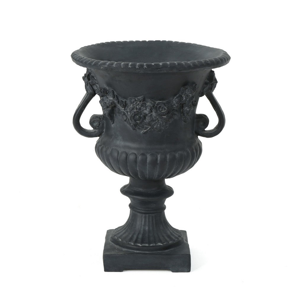 Urn Planter on Pedestal, Cherubs, Carved Antique Black Concrete 24 Inch - BM355291