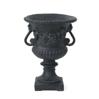 Urn Planter on Pedestal, Cherubs, Carved Antique Black Concrete 24 Inch - BM355291