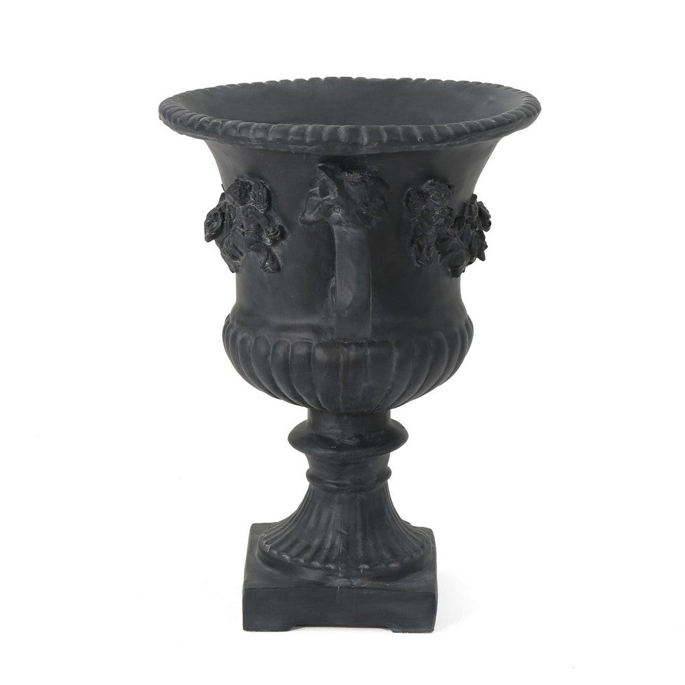 Urn Planter on Pedestal, Cherubs, Carved Antique Black Concrete 24 Inch - BM355291