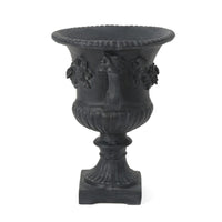 Urn Planter on Pedestal, Cherubs, Carved Antique Black Concrete 24 Inch - BM355291